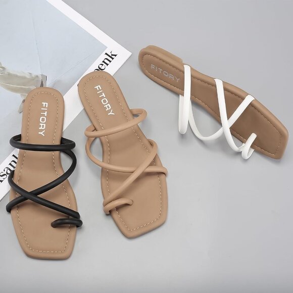 Women's All Tan Soft Flat Toe Ring Style Thongs Cross Strap Slide Sandals Shoes - Picture 6 of 6